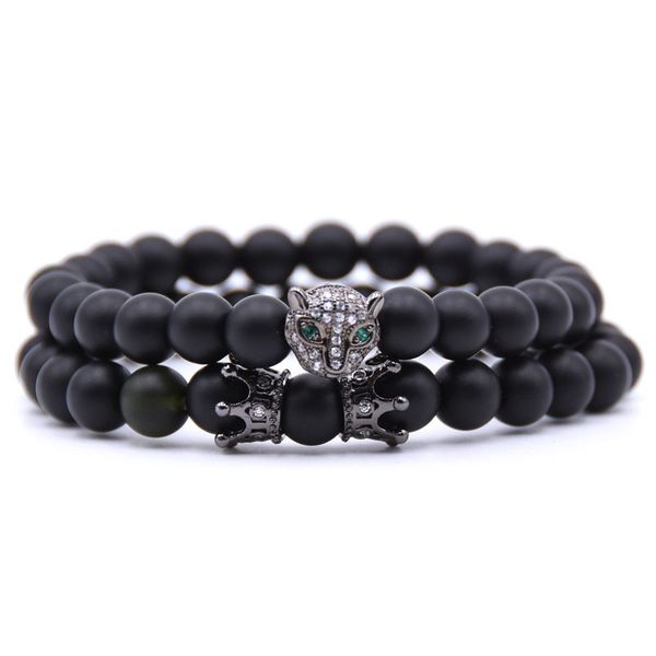 2pcs/set copper leopard head charm bracelet handmade america and europe style natural stone jewelry, Golden;silver